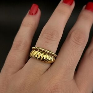 Aquamir Waterproof Yellow Gold Filled PVD Plated CZ Ribbed Ring Set NWT Set Of 2